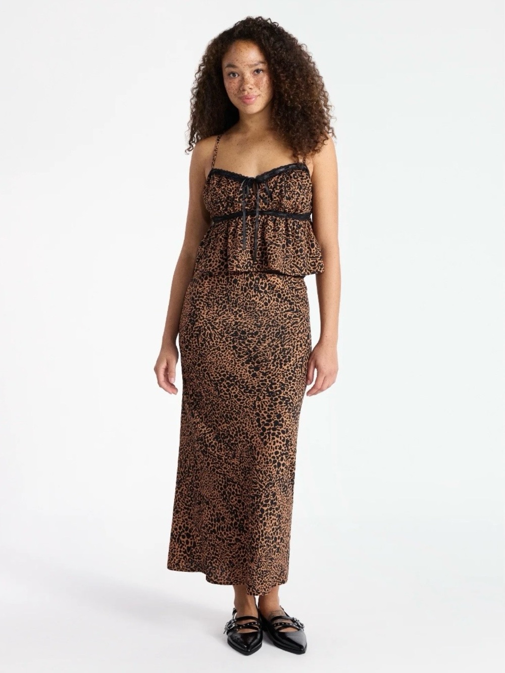 Leopard Print Satin Trim Cami Top and Maxi Skirt with Spaghetti Straps